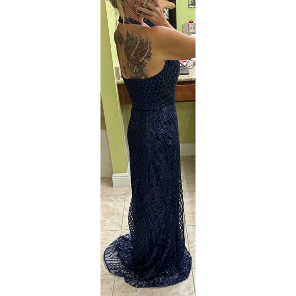Abby Paris 90011 Formal midnight blue Glitter Gown 8 halter open back NWT $269 - Picture 7 of 14